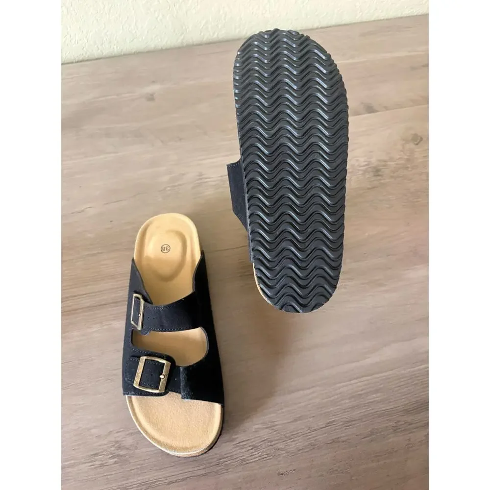 Black Double Buckle Cork Footbed Slide Sandals men’s EU 40 US 7 NWOT